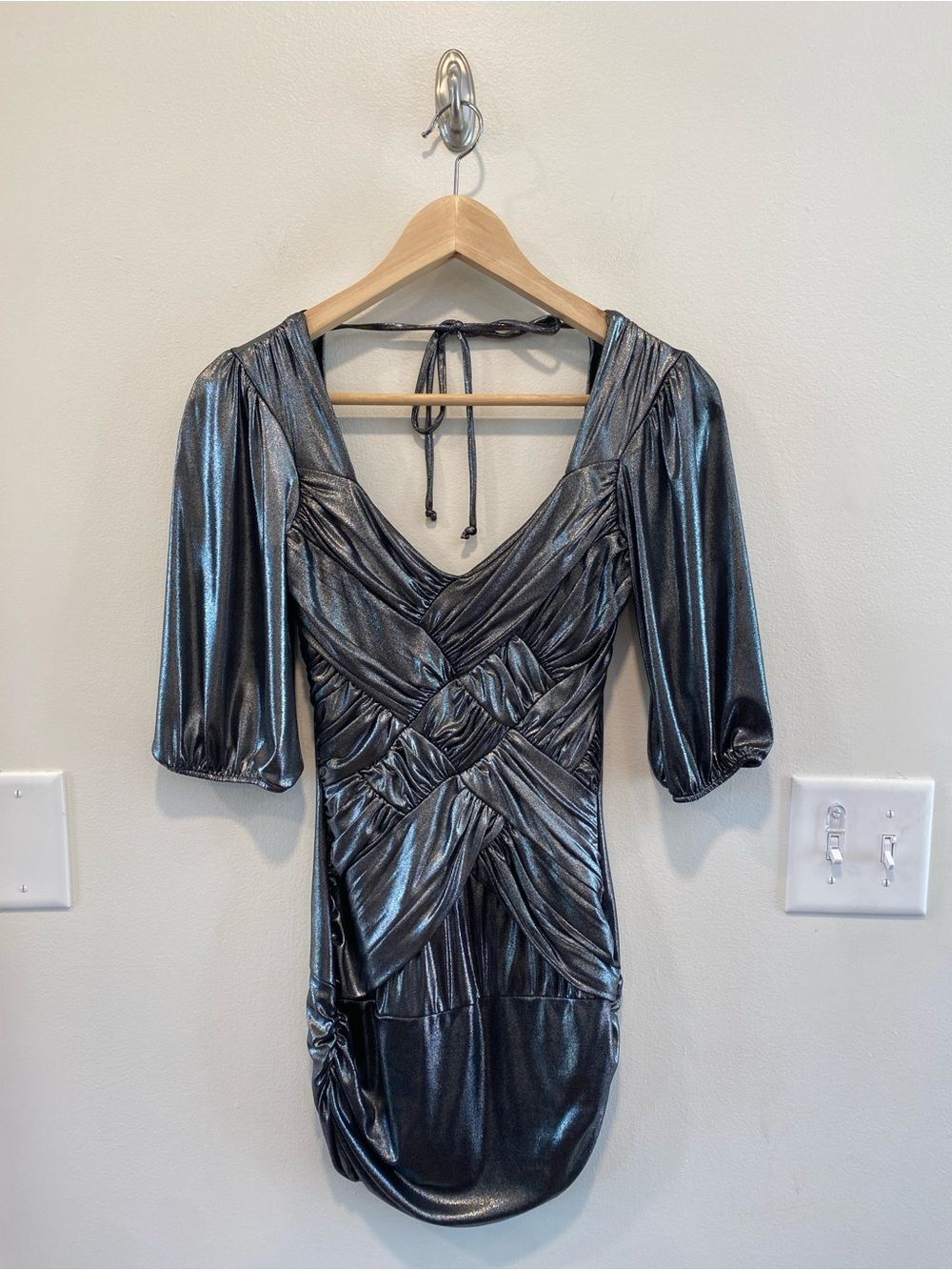 Vintage Bebe y2k Ruched Metallic Party Mini Dress size small NEW indie sleaze